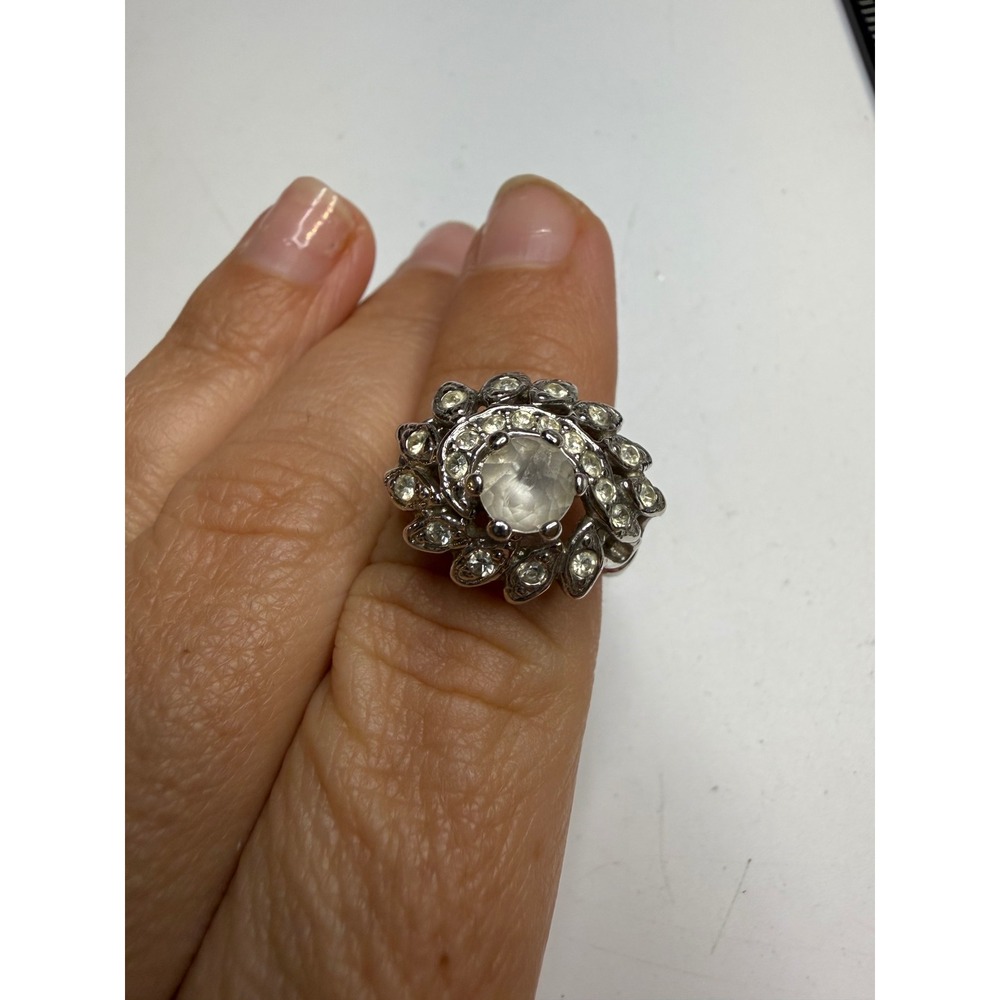 Esposito 14K GE White Gold Electroplated Rhinestone Floral Cluster Ring Size 8.5